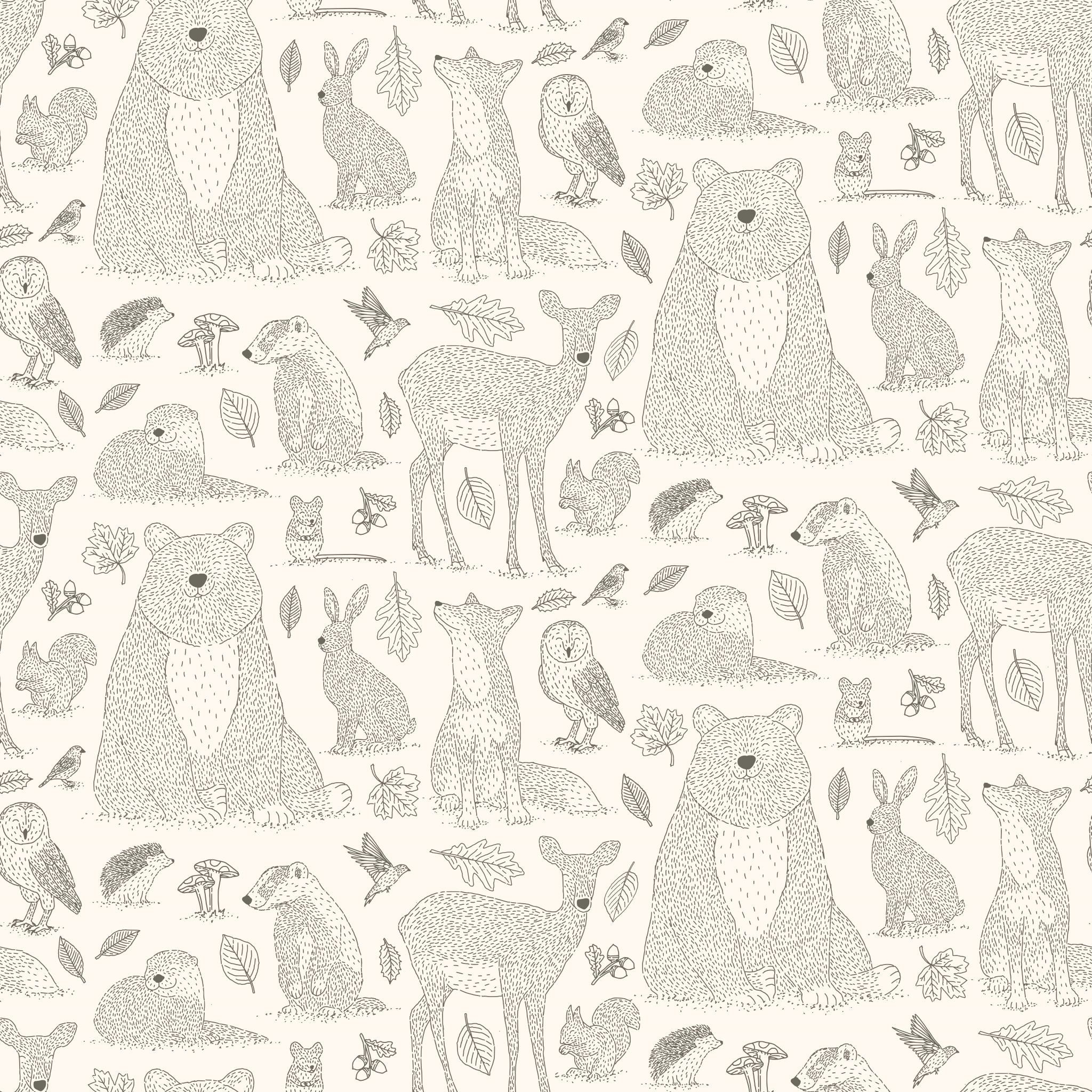"Wall Blush Woodland (Cream) Wallpaper showcasing animal patterns in a well-lit nursery room."