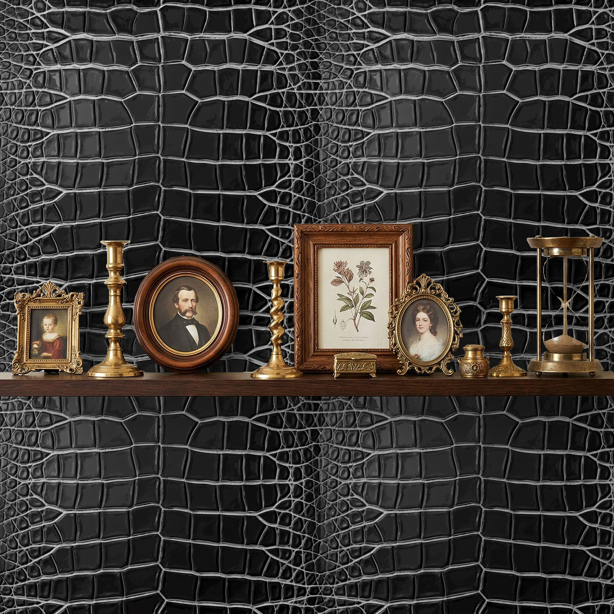 Crocodile skin pattern wallpaper in deep charcoal with vintage decor on shelf.