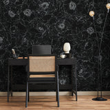 The Dutchess (Black) Wallpaper by The Ania Zwara Line in modern home office, accentuating walls with elegant floral design.
