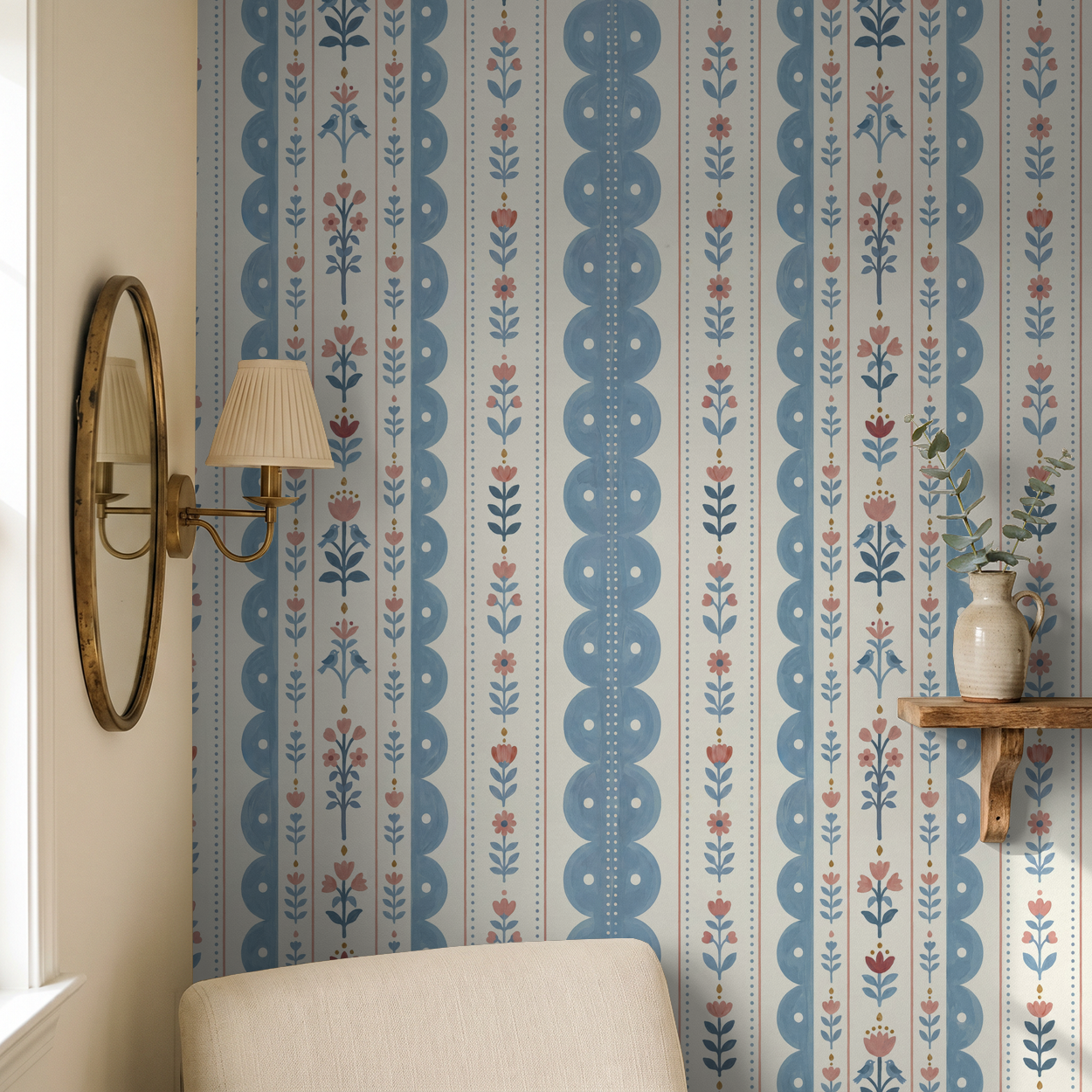 Dahlia Dreams wallpaper with blue and coral floral stripes in cozy room setting.