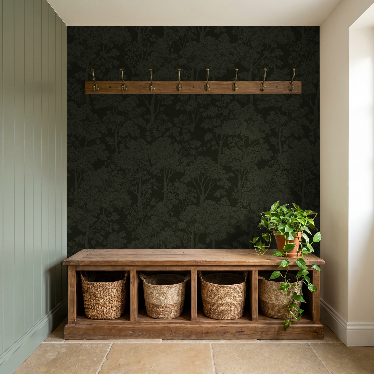Dark green foliage wallpaper in rustic hallway with wooden bench and plant.