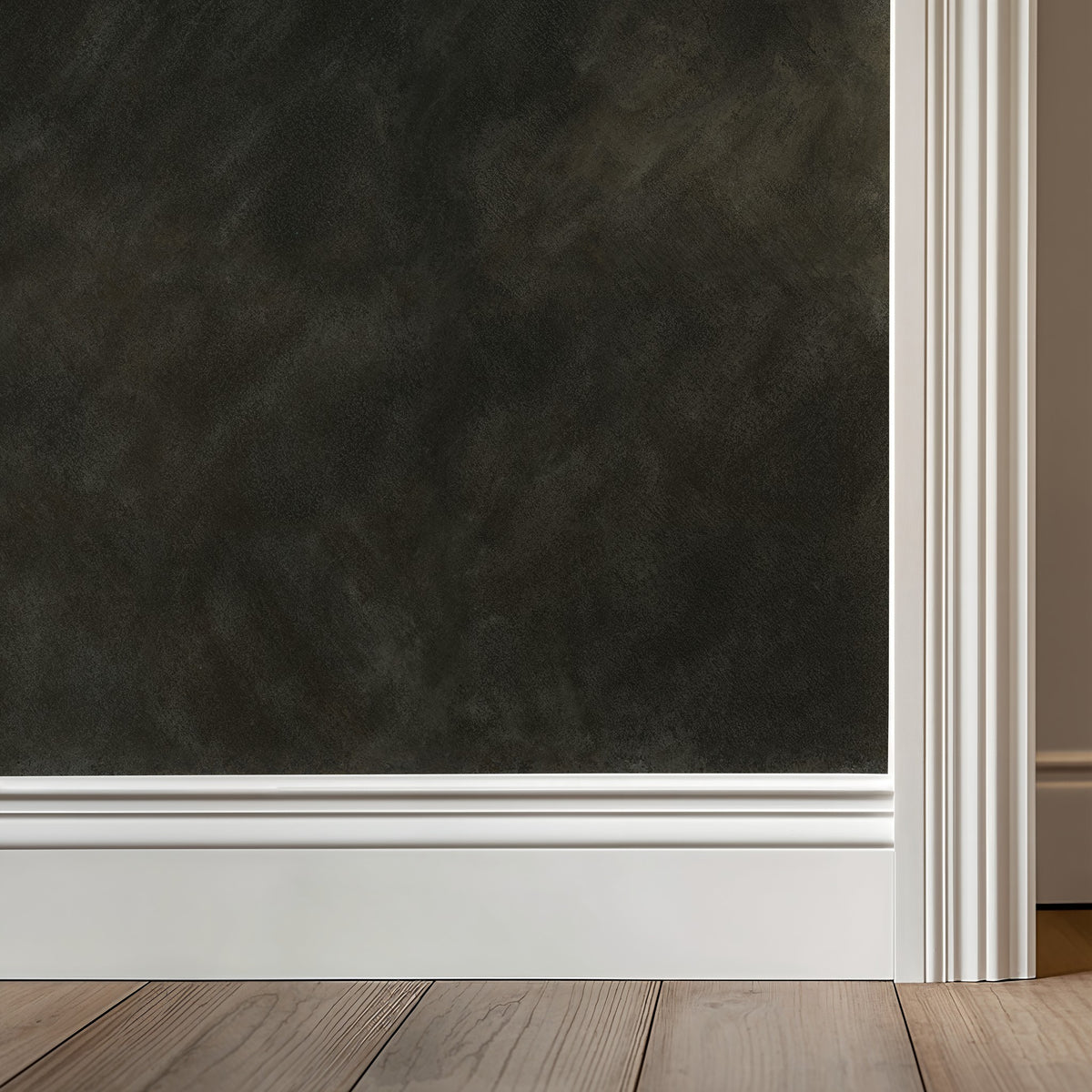 Dark textured wallpaper with white trim and wooden floor