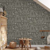 "Wall Blush Woodland (Dark) Wallpaper in a stylish kids' room with animal patterns focused on the wall decor."
