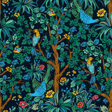"Flora Wallpaper from Wall Blush featuring colorful birds and foliage, ideal for vibrant living room decor."