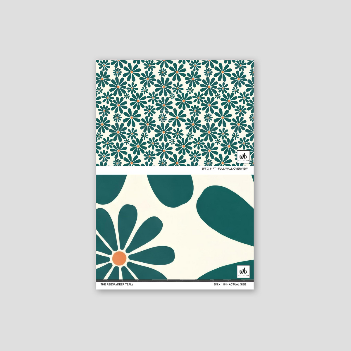 Deep teal floral wallpaper with bold petals and orange centers on a creamy background.