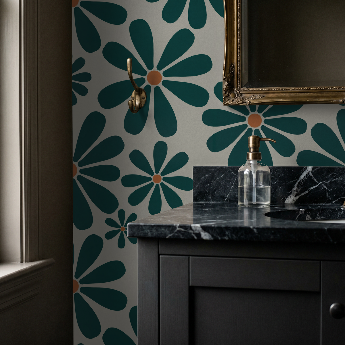 Deep teal floral wallpaper with orange centers in a modern bathroom setting.