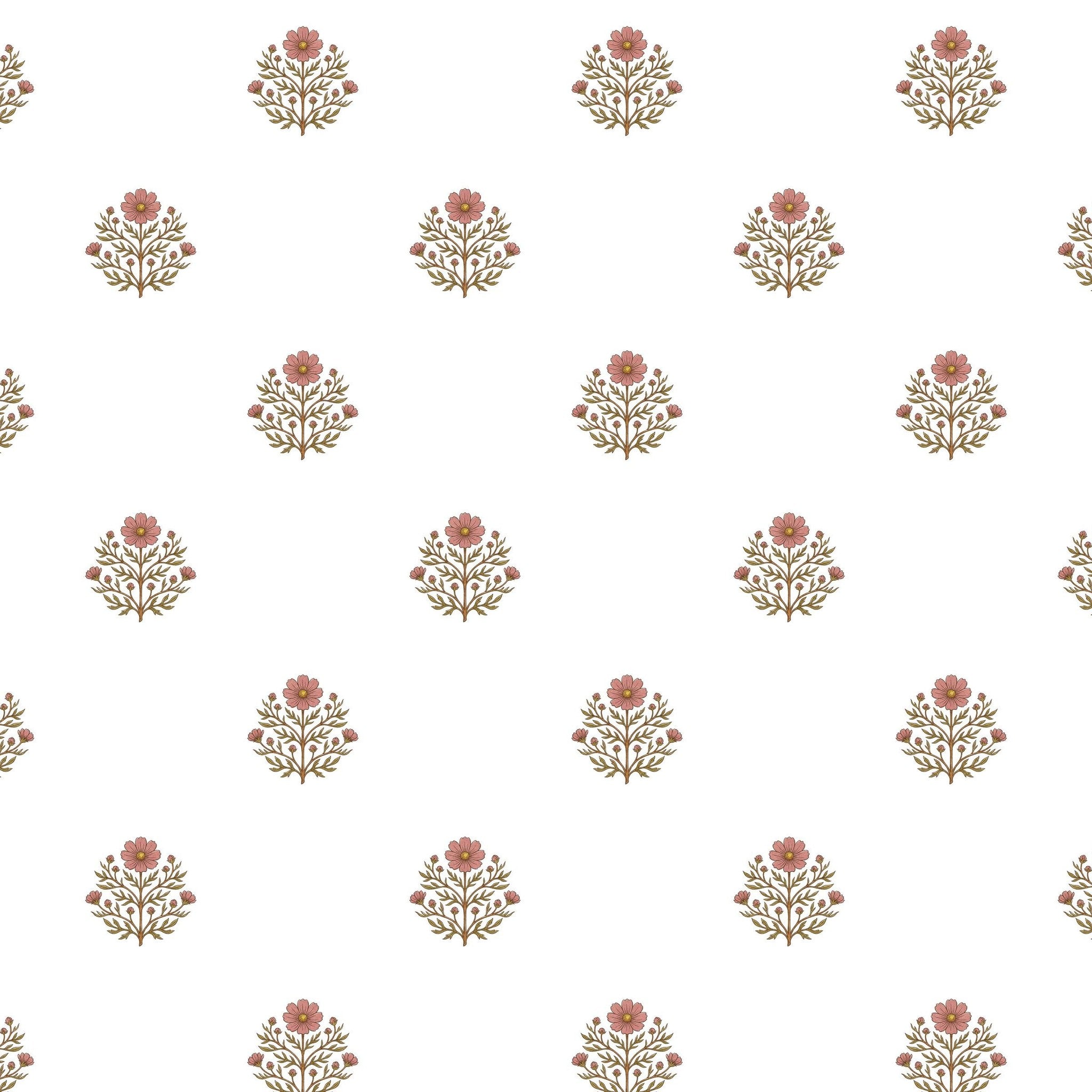 Delicate floral motifs on white wallpaper with pink blooms and green leaves.