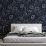 "Navy Wallpaper by Wall Blush with floral pattern in a modern bedroom, stylish home decor focus."
