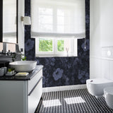 "Navy Wallpaper from Wall Blush accentuating bathroom walls with elegant floral design, enhancing modern home décor."