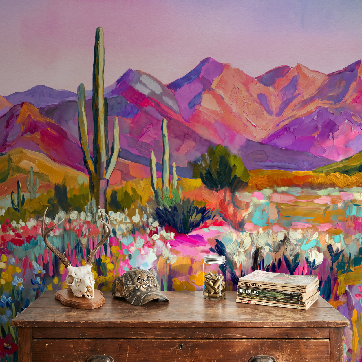 Desert landscape wallpaper with cacti and mountains in vibrant colors behind a rustic table.