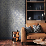 "Gloria Wallpaper by Wall Blush in a modern living room, featuring geometric patterns as the focal point."