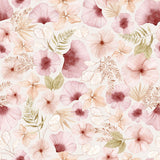 "Wall Blush Rosé Wallpaper featuring floral patterns in a stylish living room setting, elegant and modern design focus."
