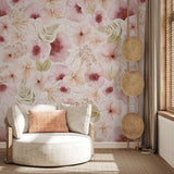 Rosé Wallpaper by Wall Blush SG02 featured in a cozy living room with chic decor highlighting the floral design.
