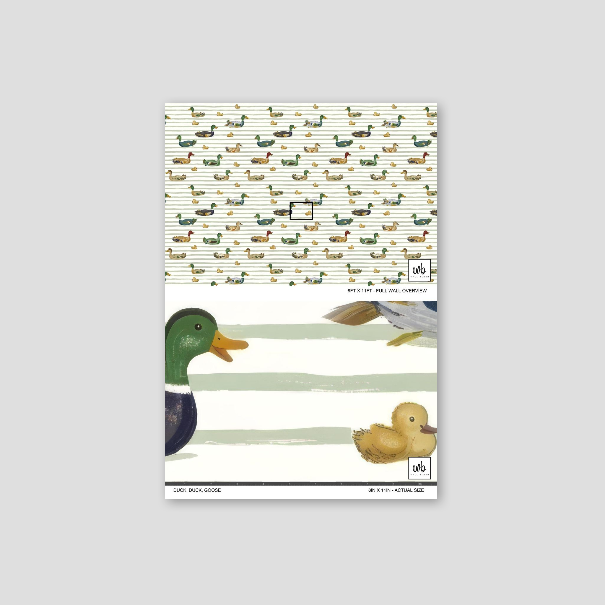 Duck Duck Goose wallpaper with ducks on striped background in green, brown, and cream.