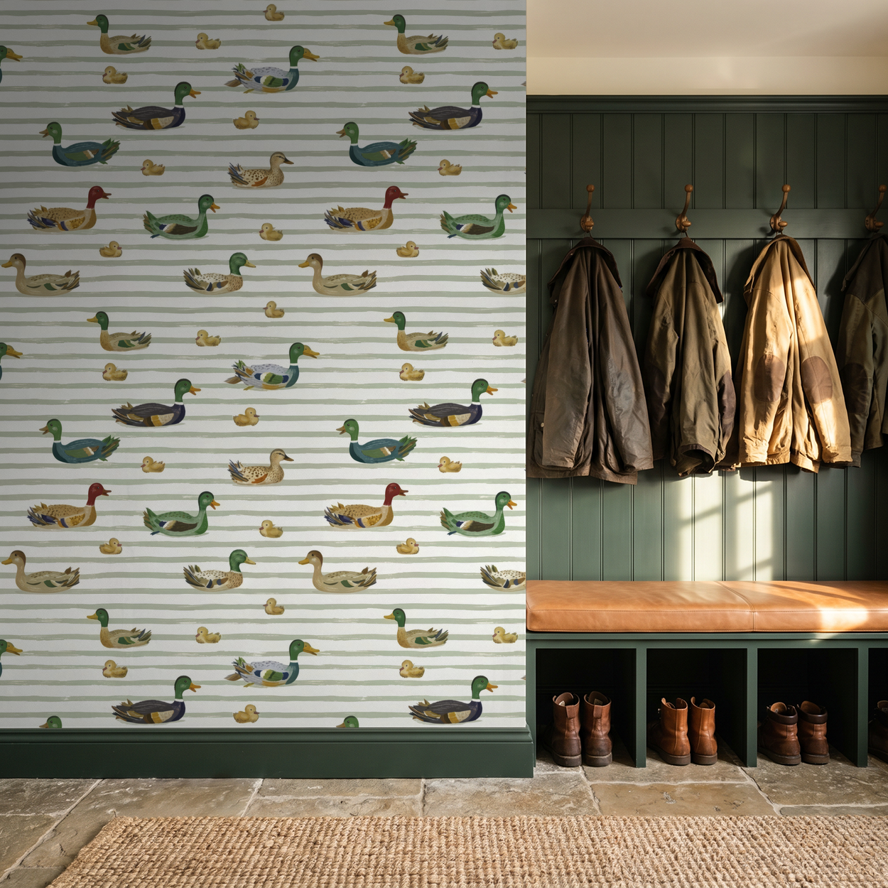 Duck pattern wallpaper with stripes in rustic mudroom with coats and boots.