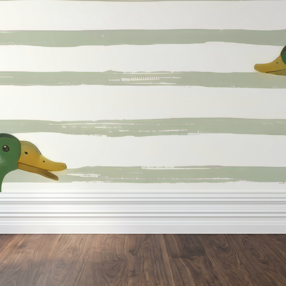 Duck-themed wallpaper with green stripes and wood floor in room setting.