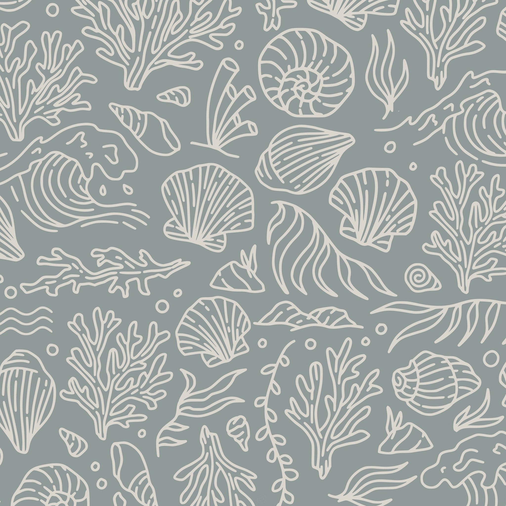 Dusty blue wallpaper with white seashell and coral illustrations.