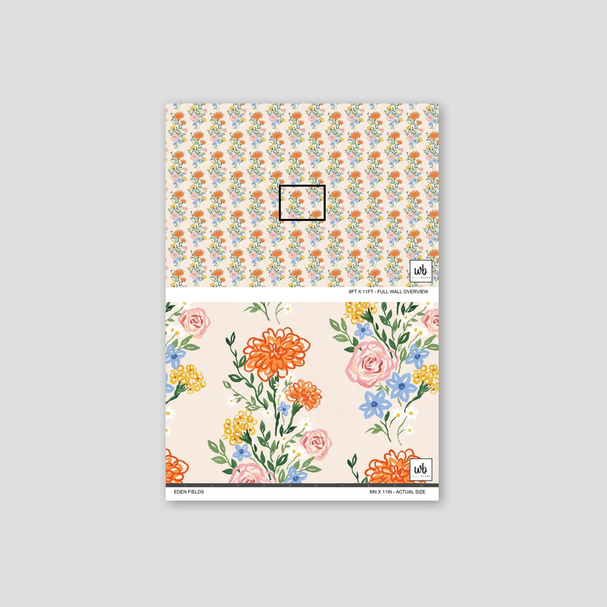 Eden Fields wallpaper with vibrant orange, pink, blue flowers on cream background.