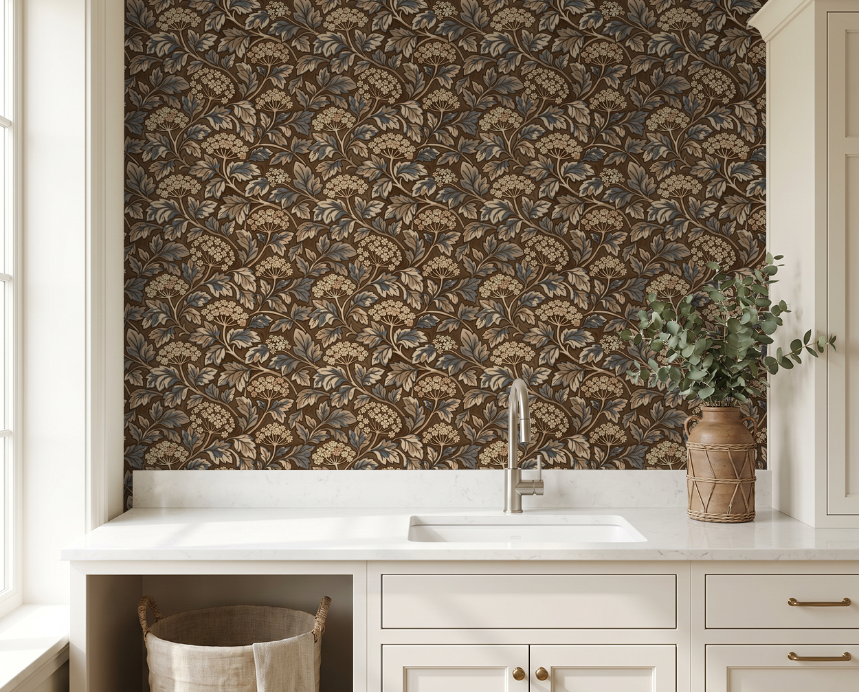 Elderflower wallpaper with brown and blue floral pattern in elegant kitchen setting.