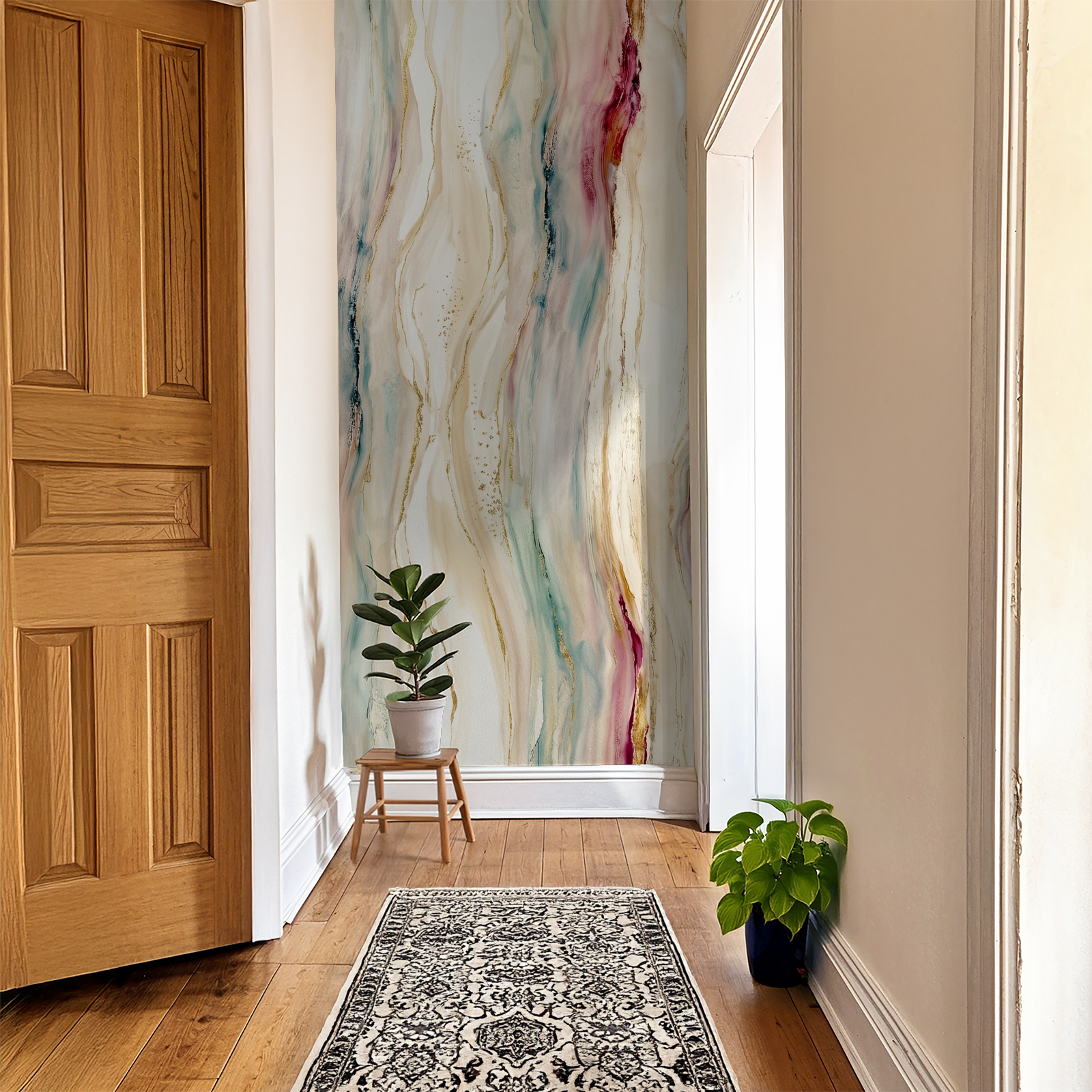 Elegant abstract wallpaper with flowing colors and gold accents in a hallway.