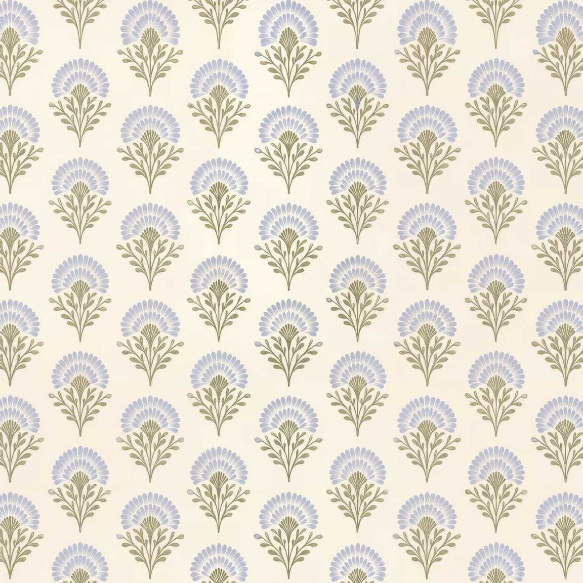 Elegant wallpaper with blue floral pattern on cream background.