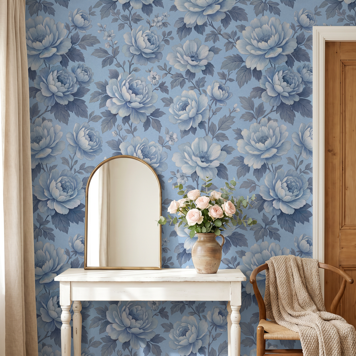 Elegant blue floral wallpaper with peonies in a classic room setting with mirror and vase.