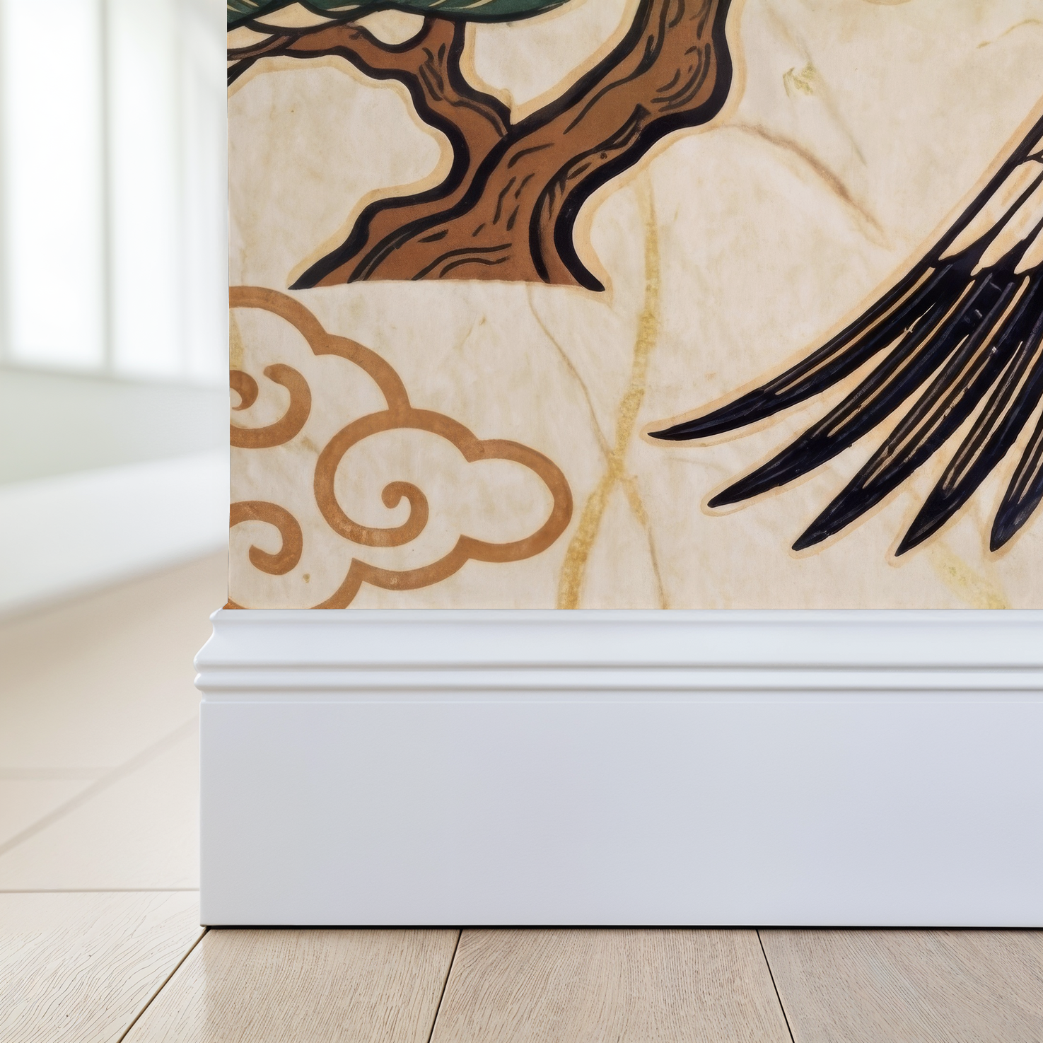 Elegant crane and pine tree wallpaper with cloud motif in soft colors.