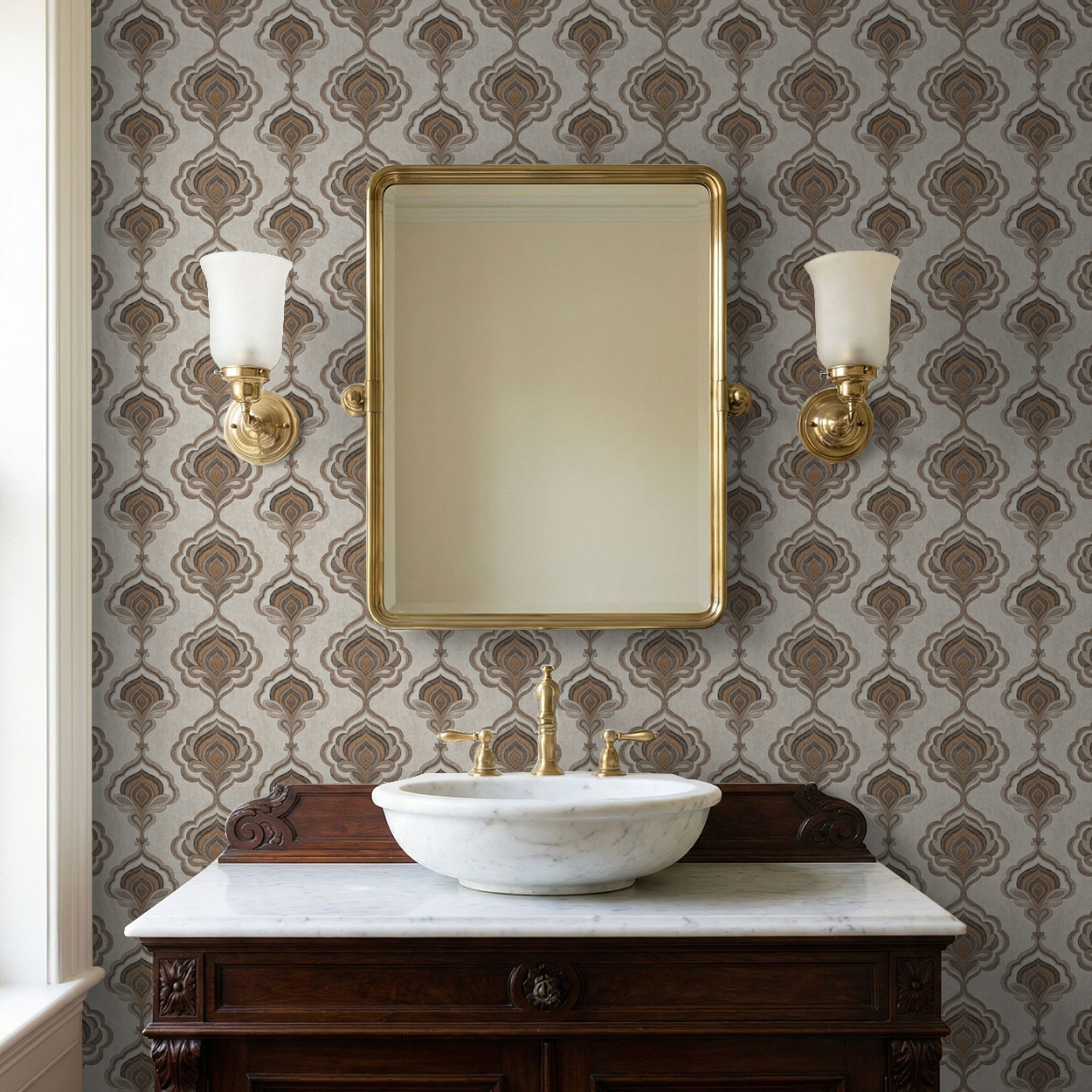 Elegant floral taupe and caramel wallpaper in classic bathroom with gold fixtures.