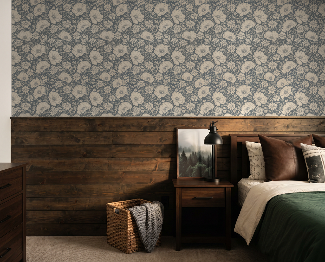 Elegant floral wallpaper in a cozy bedroom with wood accents and rustic decor.