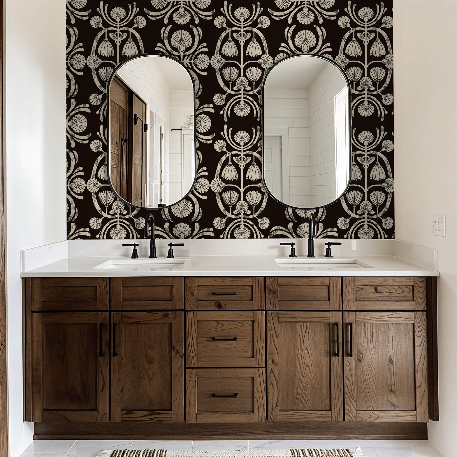 Elegant floral wallpaper with cream blooms on dark background in bathroom setting.