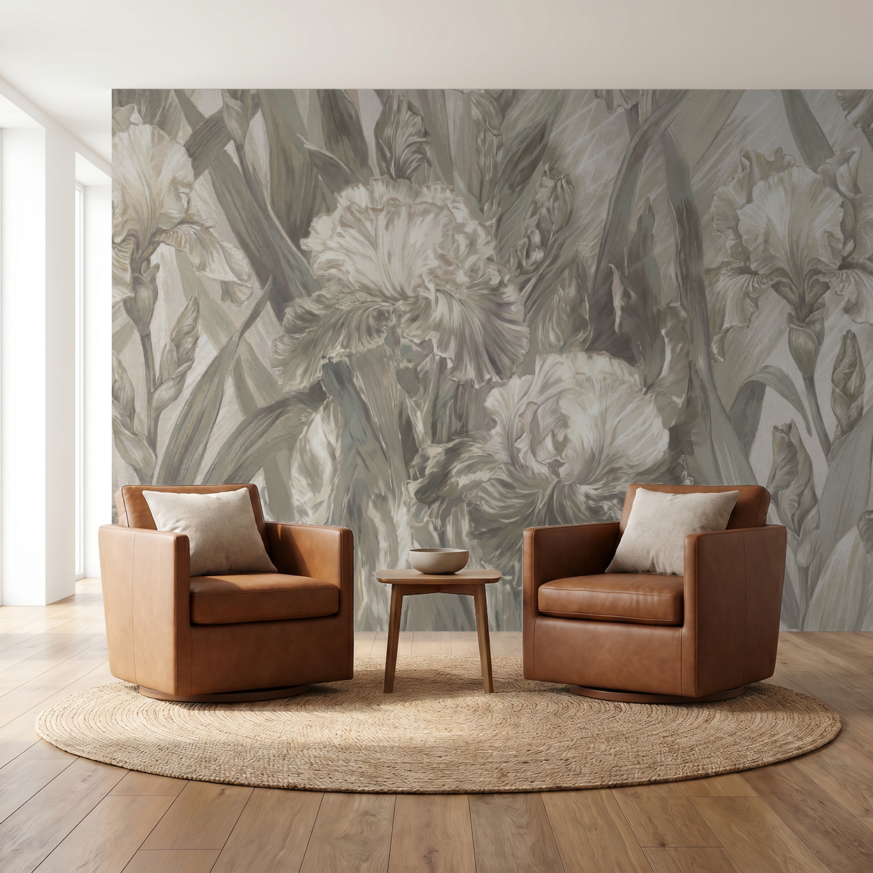 Elegant floral wallpaper with irises in muted tones in a modern living room setting.