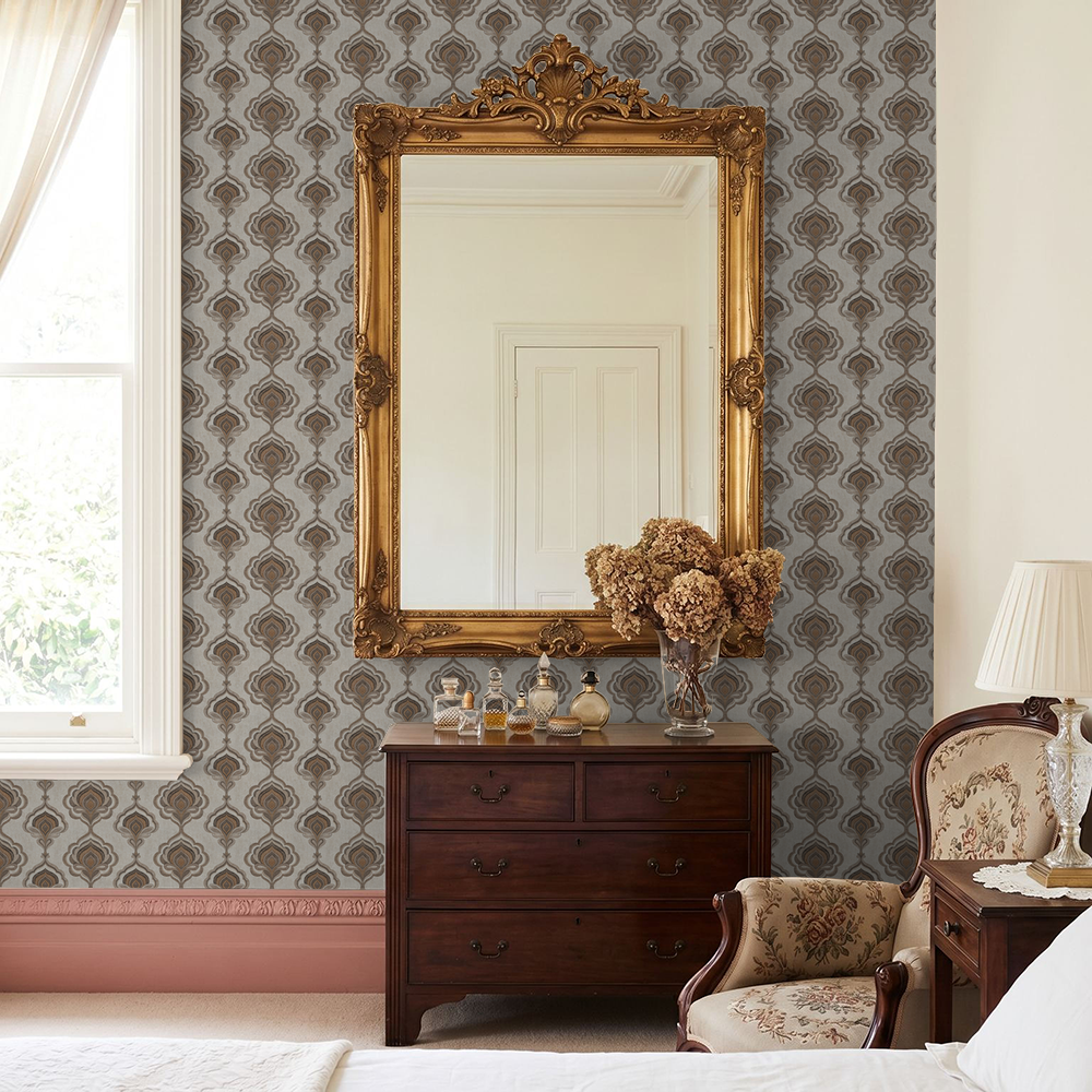 Elegant floral wallpaper with ornate motifs in a classic bedroom setting.