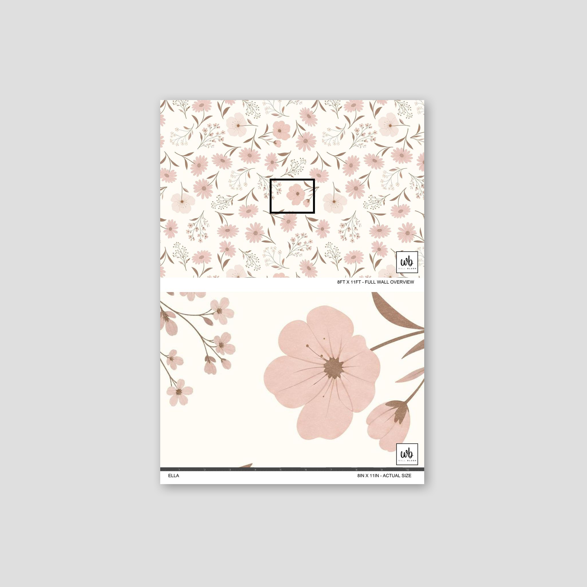 Ella wallpaper with blush floral pattern and botanical elements on a serene backdrop.