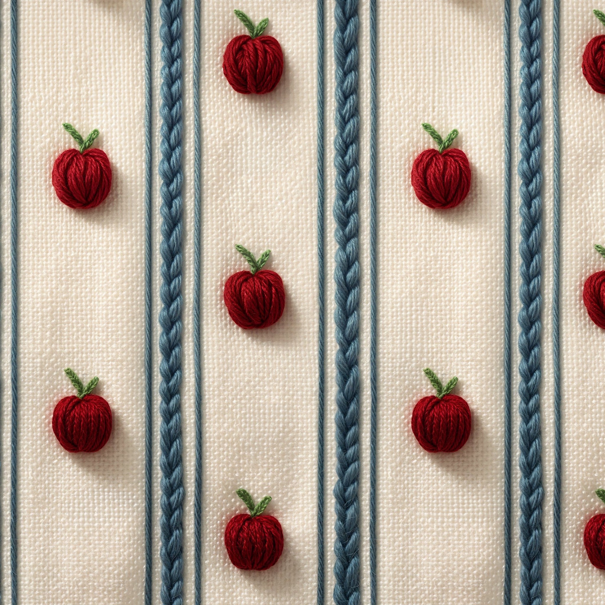 Embroidered apple pattern on cream wallpaper with blue stripes