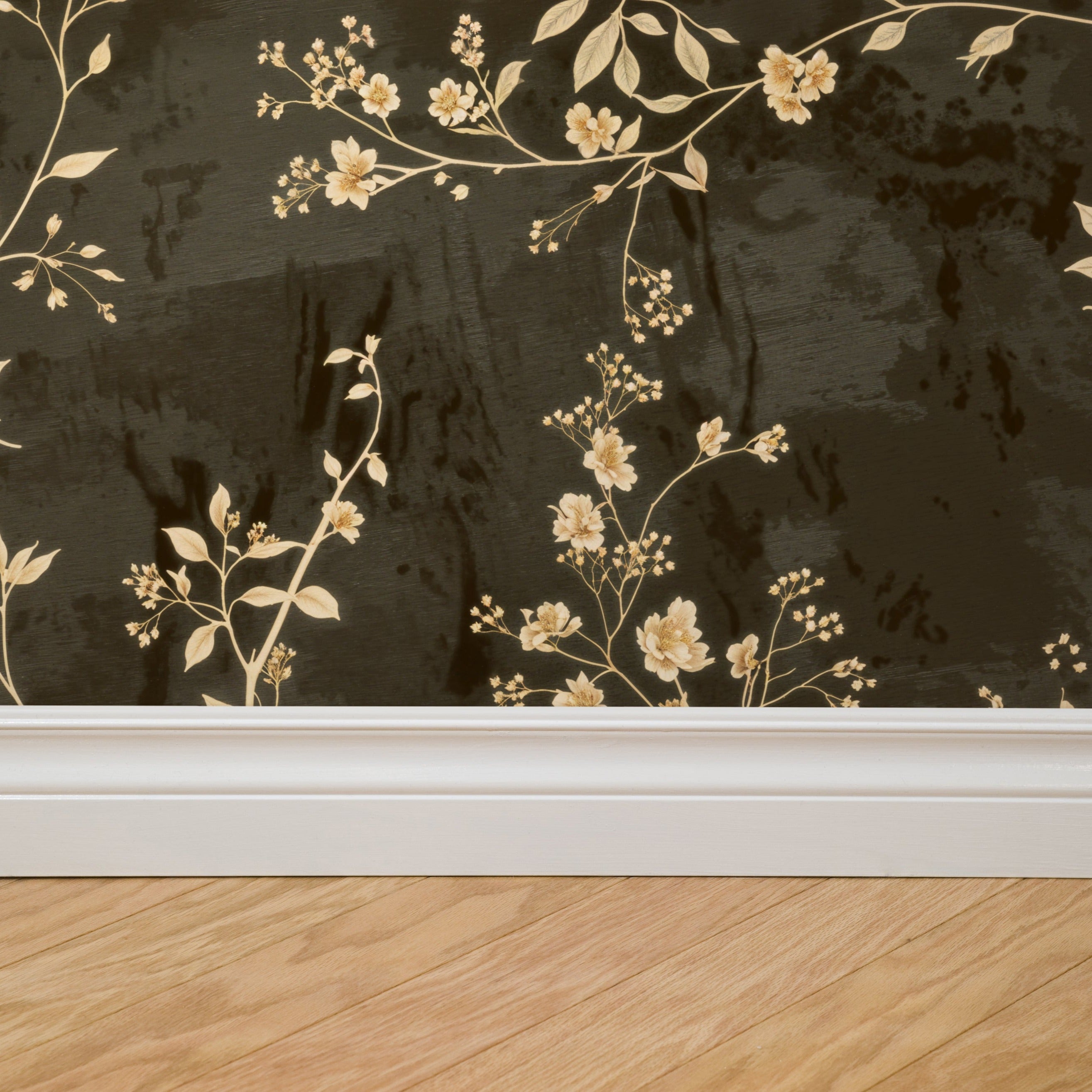 "Wall Blush's Enchanted Flora Wallpaper featured in a modern living room, showcasing elegant floral patterns."