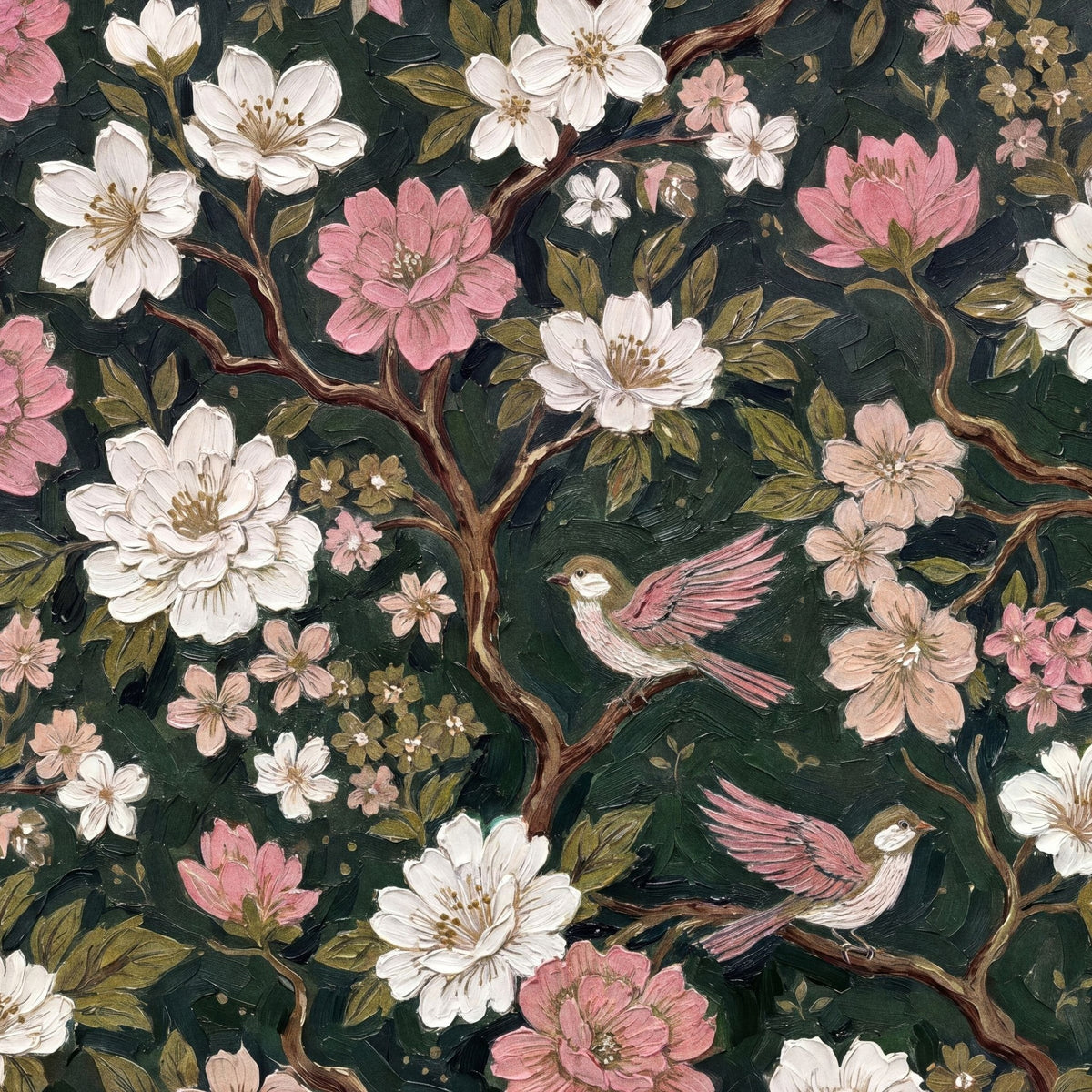 Floral wallpaper with pink and white blossoms and birds on a dark green background.