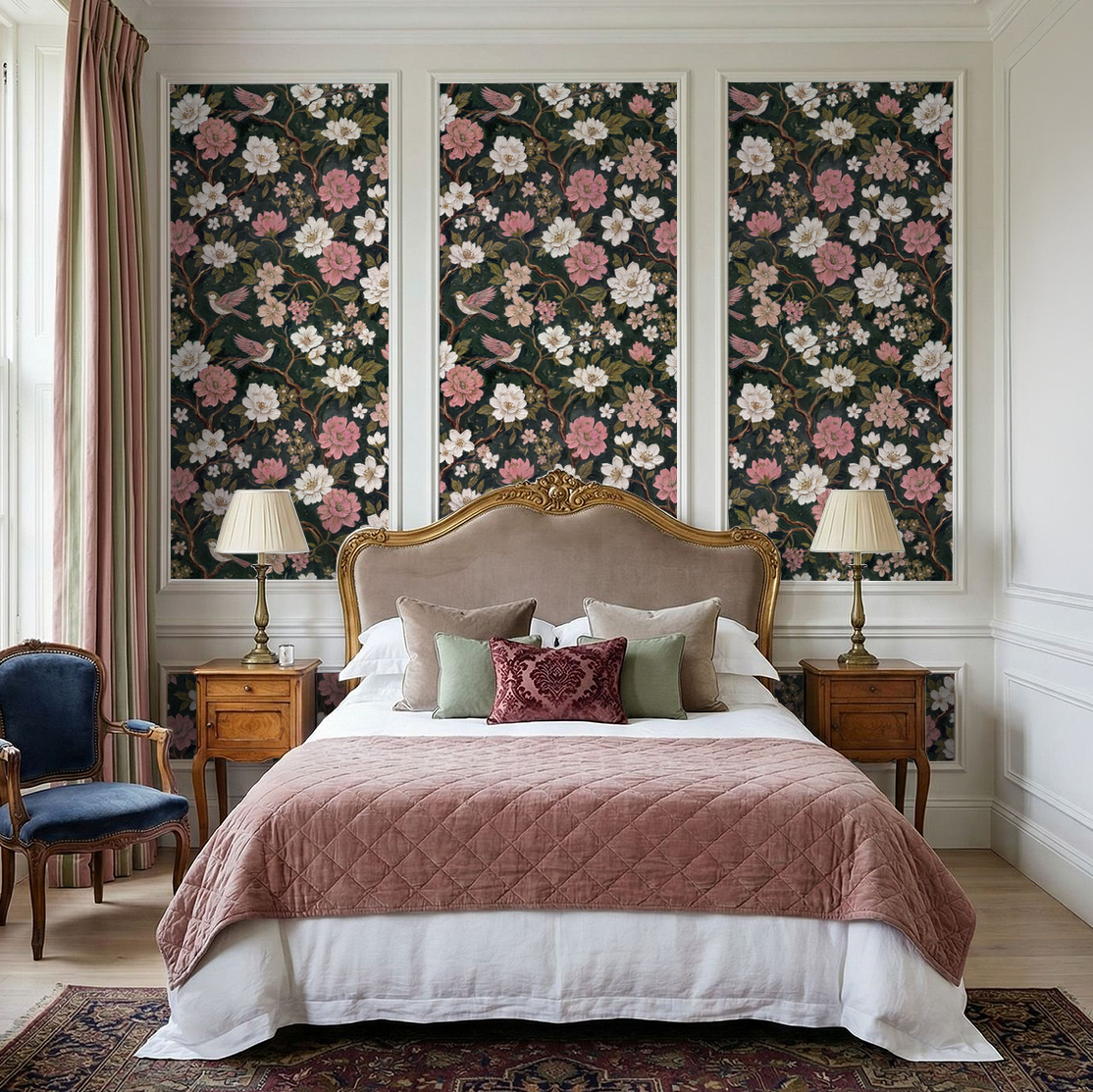 Evangeline floral wallpaper with pink and white blossoms in elegant bedroom setting.
