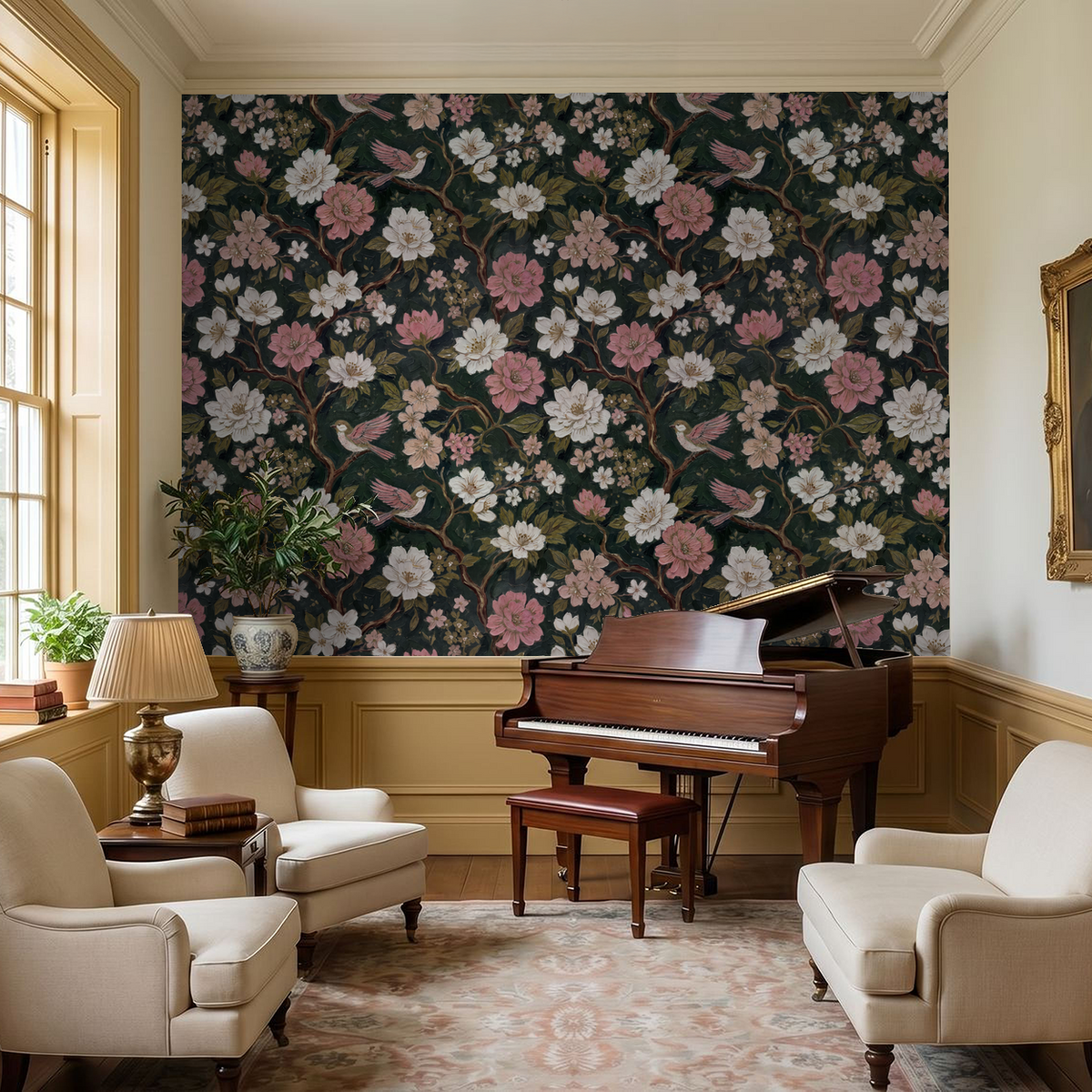 Floral wallpaper with pink and white blossoms in elegant living room.
