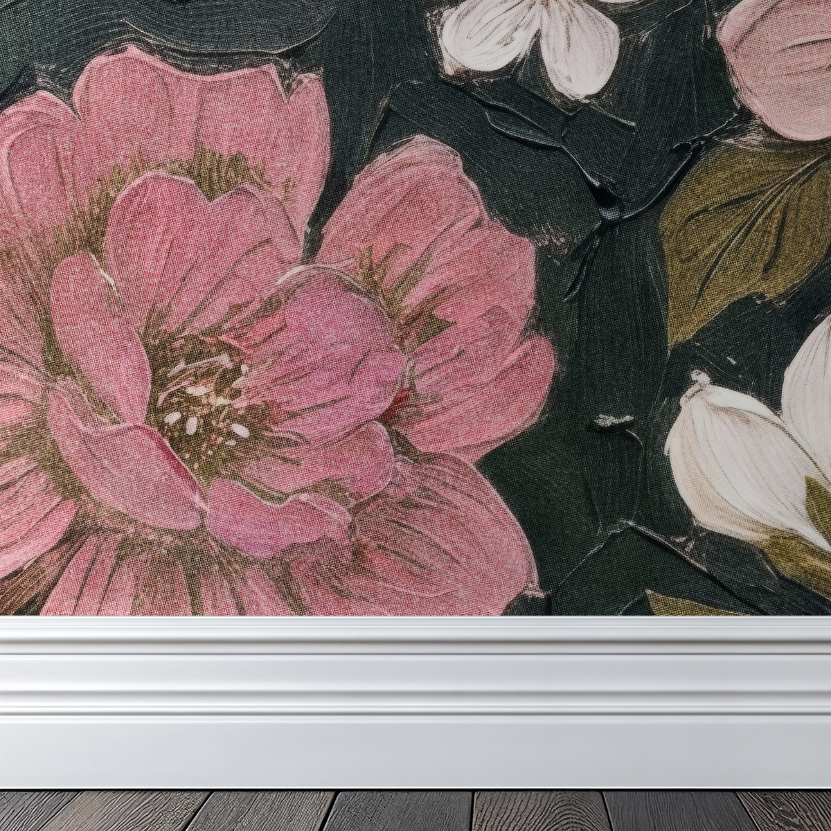 Pink and white floral wallpaper with green background and detailed blossoms.