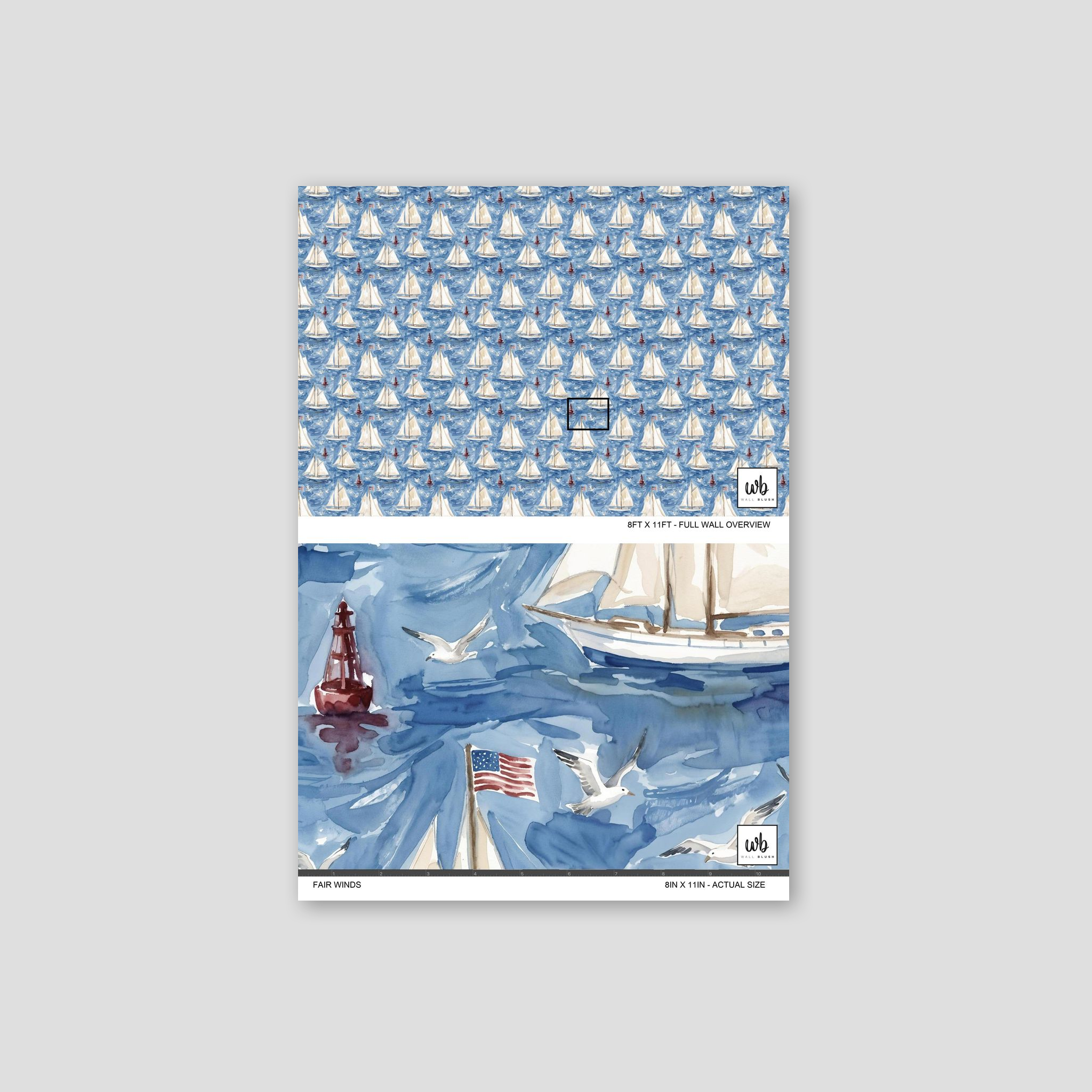 Nautical wallpaper with sailboats, seagulls, and buoys in watercolor blues and reds.
