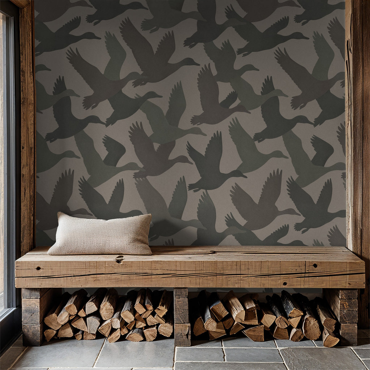 Feathered Horizon wallpaper with bird silhouettes in neutral tones in rustic room.