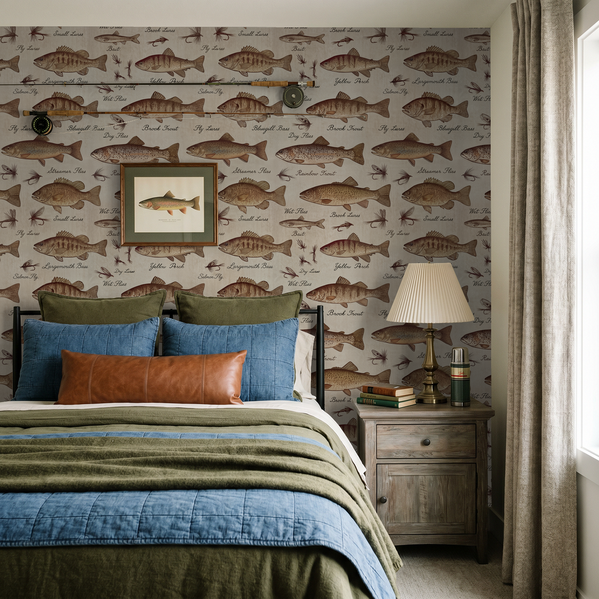 Rustic bedroom with fish-patterned wallpaper and earth-toned bedding.