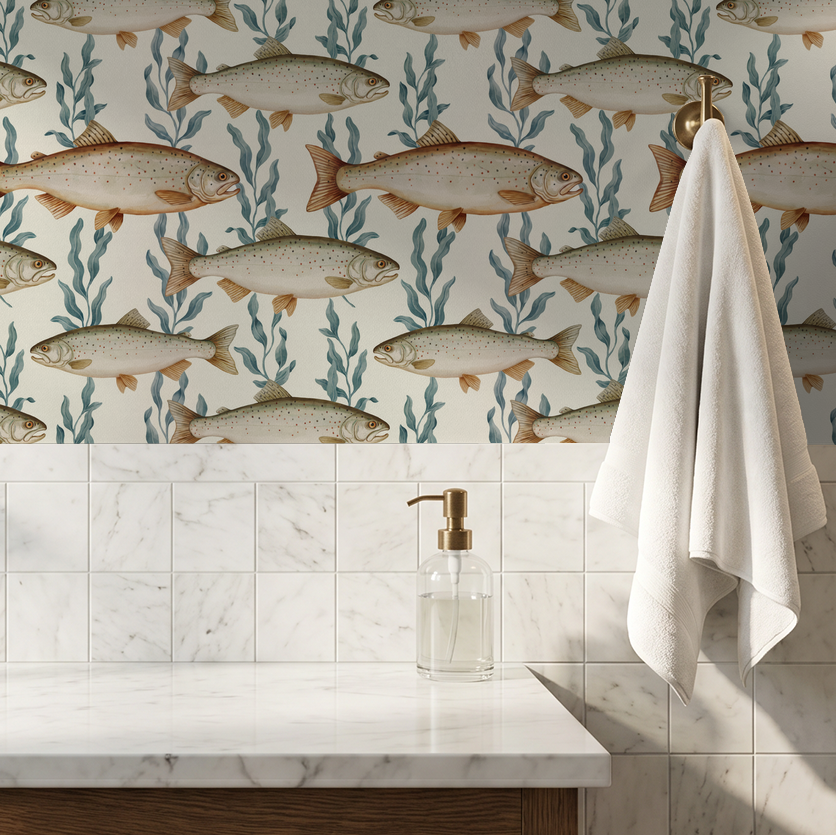 Fish and seaweed wallpaper in bathroom with marble countertop and towel