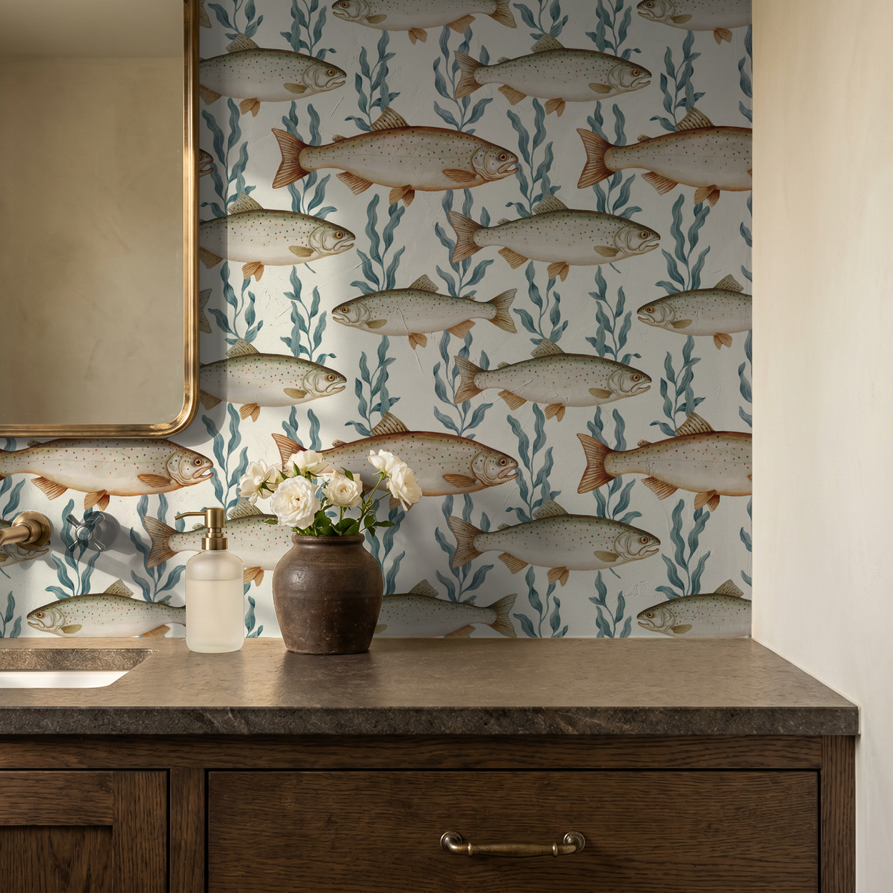 Fish and seaweed wallpaper in a rustic bathroom setting with wooden vanity.