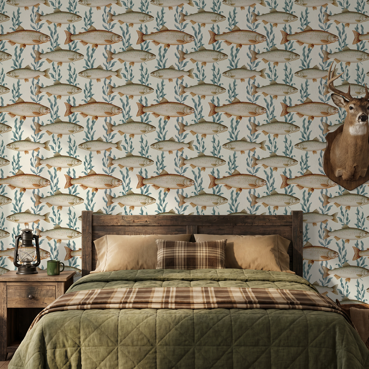 Fish and seaweed wallpaper in rustic bedroom with wood furniture and plaid bedding.