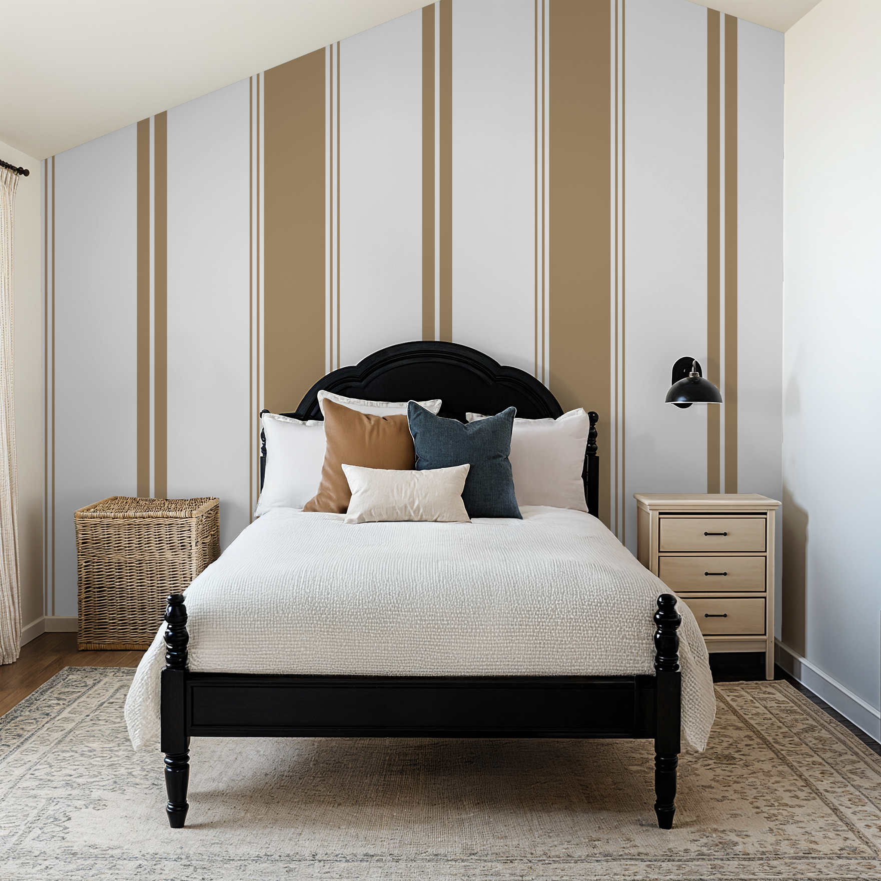 Fletcher Stripe brown wallpaper in a modern bedroom with black bed and neutral decor.