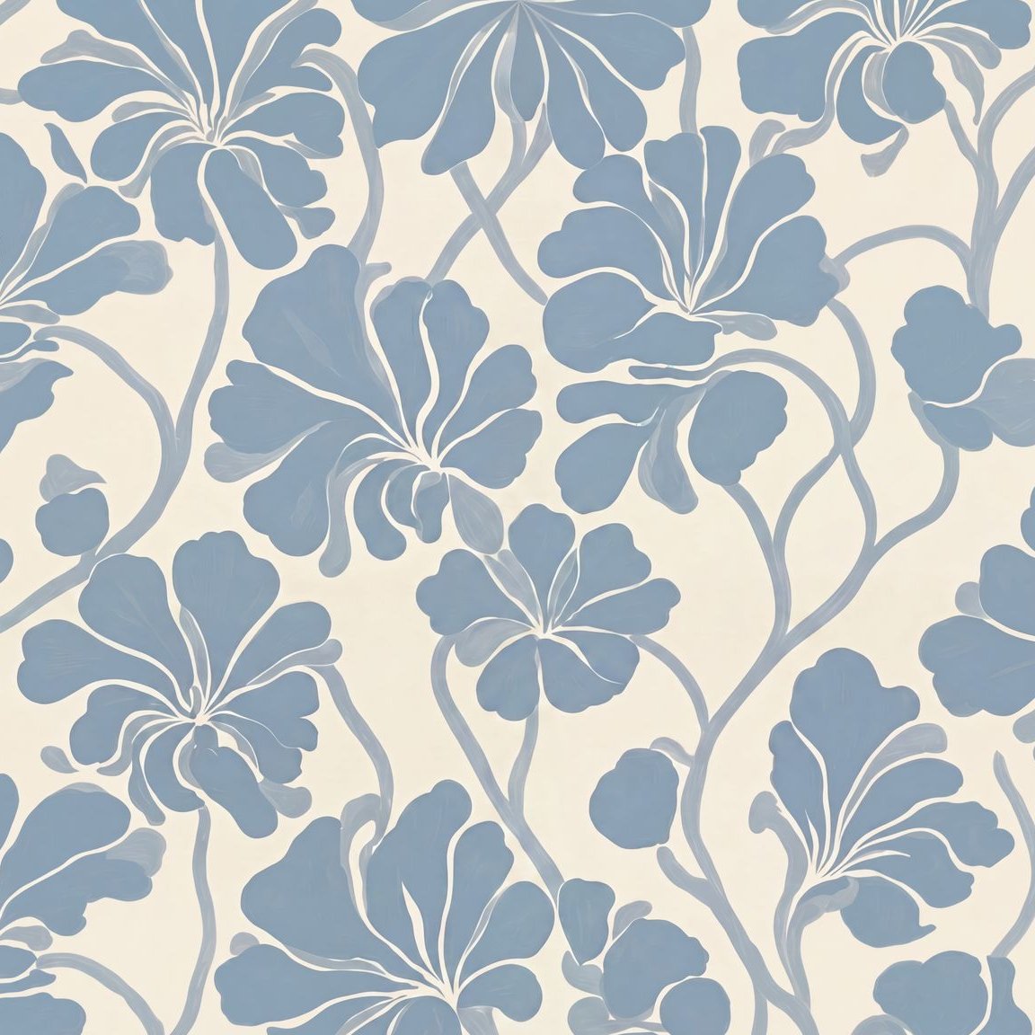 Soft blue floral wallpaper with delicate vines on a cream background.