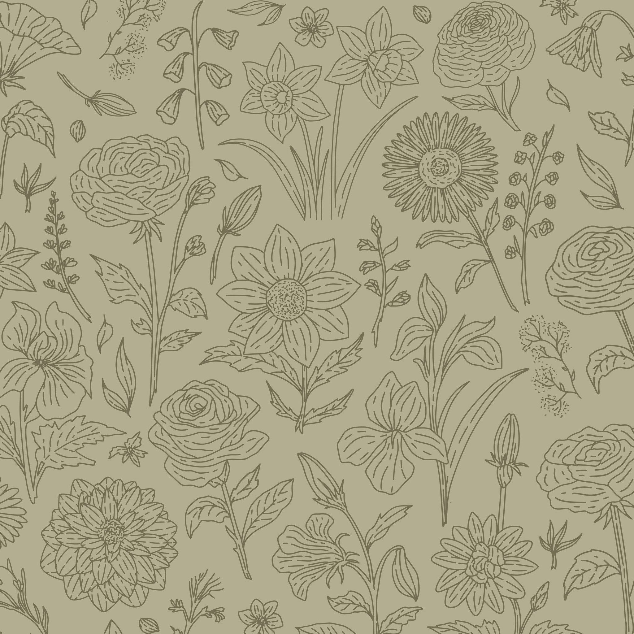 Flora Wild green wallpaper with line-drawn floral patterns on a serene backdrop.