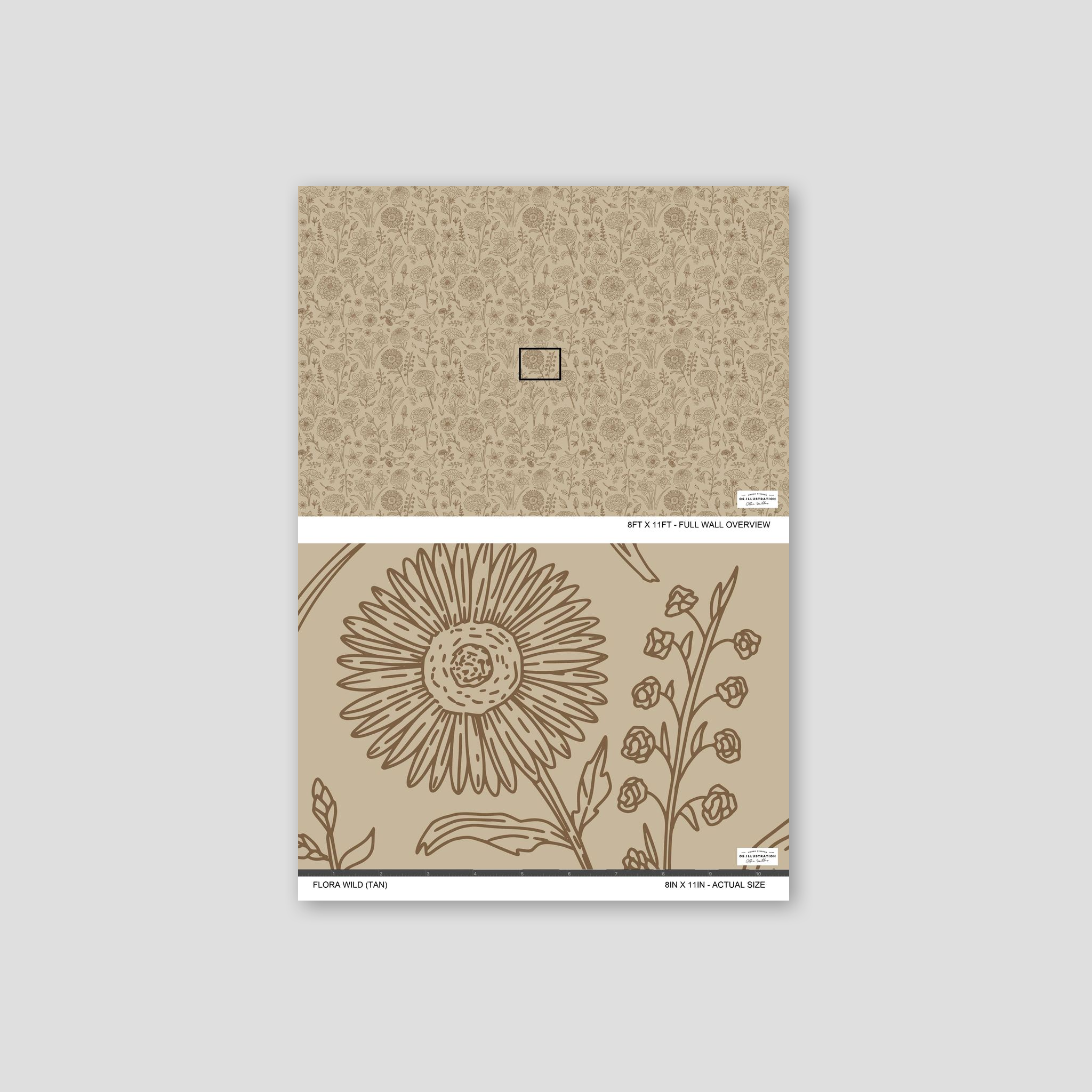 Flora Wild tan wallpaper with sepia floral linework on soft tan background.