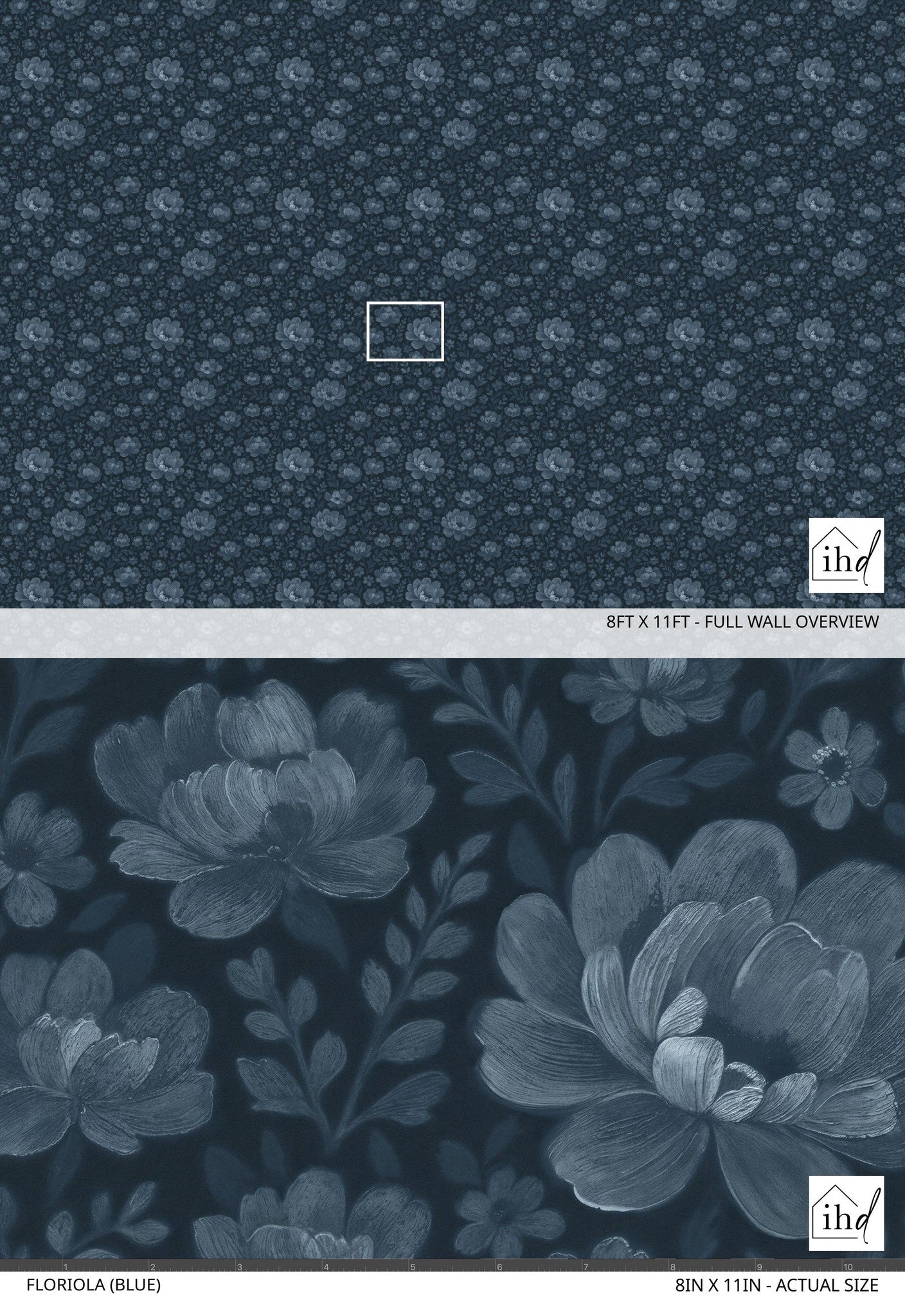 Floral navy wallpaper with intricate hand-painted blooms on a dark background.